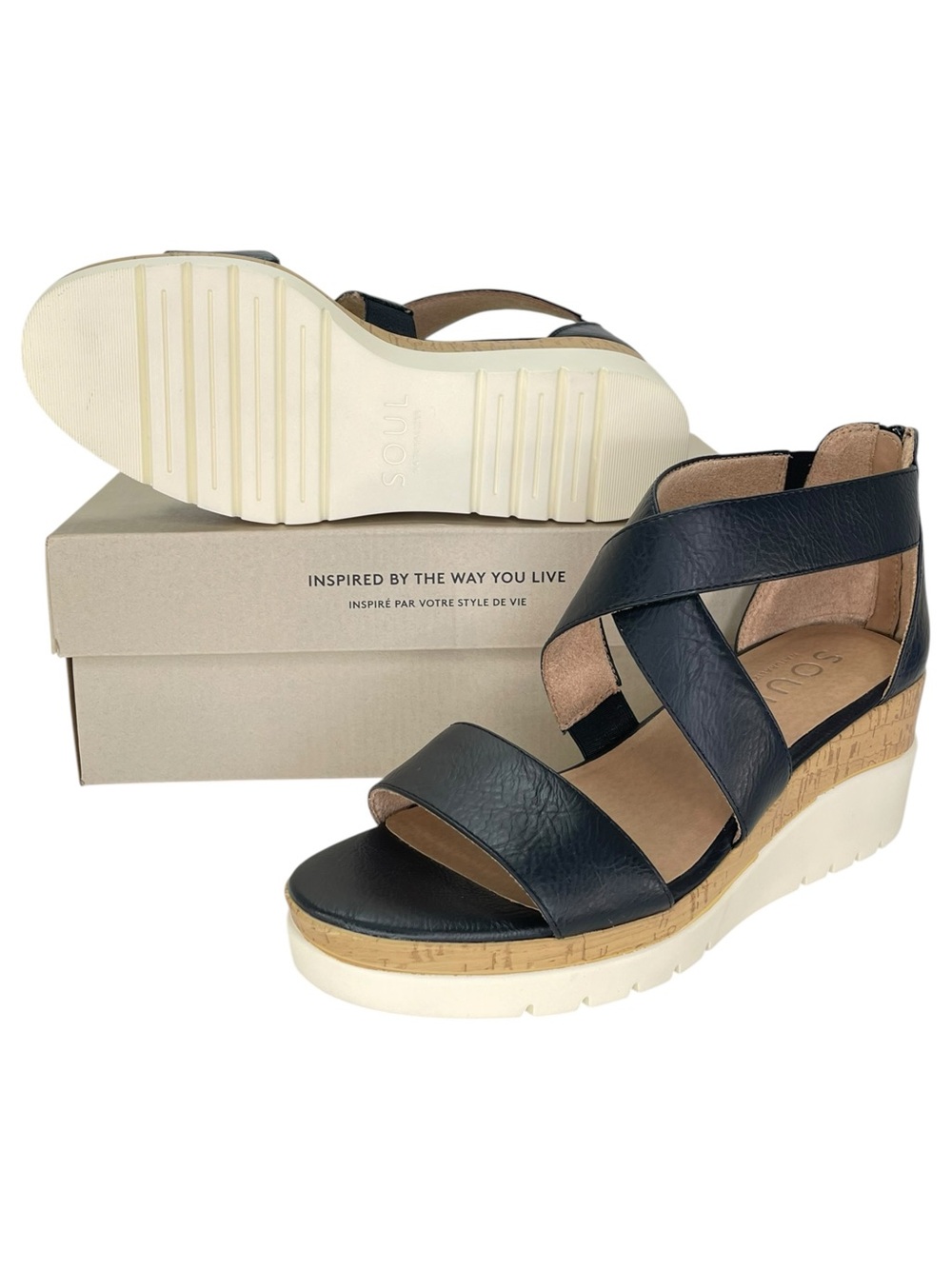SOUL Naturalizer Goodtimes Black Faux Leather Womens Wedge Sandals Size 9W - Picture 11 of 12